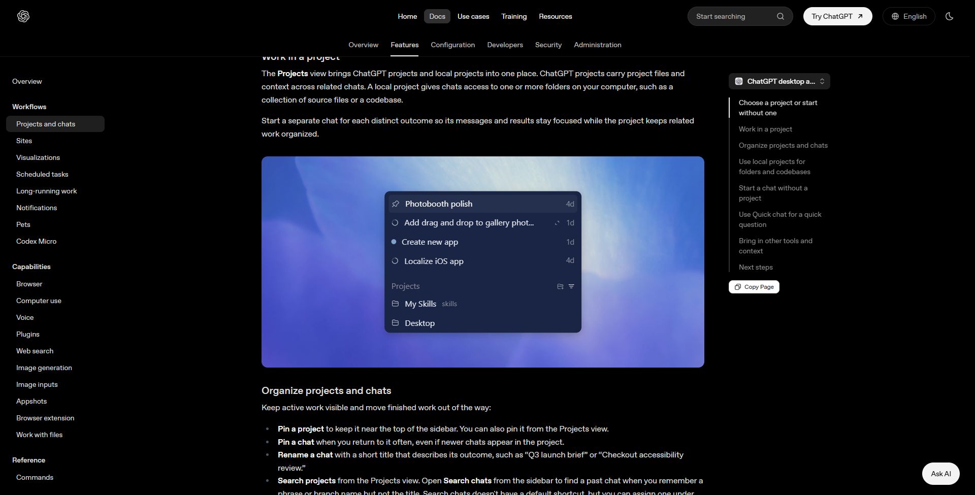 Official ChatGPT desktop illustration showing pinned chats and named projects in the sidebar.