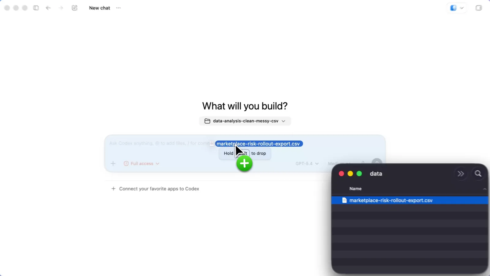 OpenAI desktop demo showing a CSV file being added to a data-cleaning task.